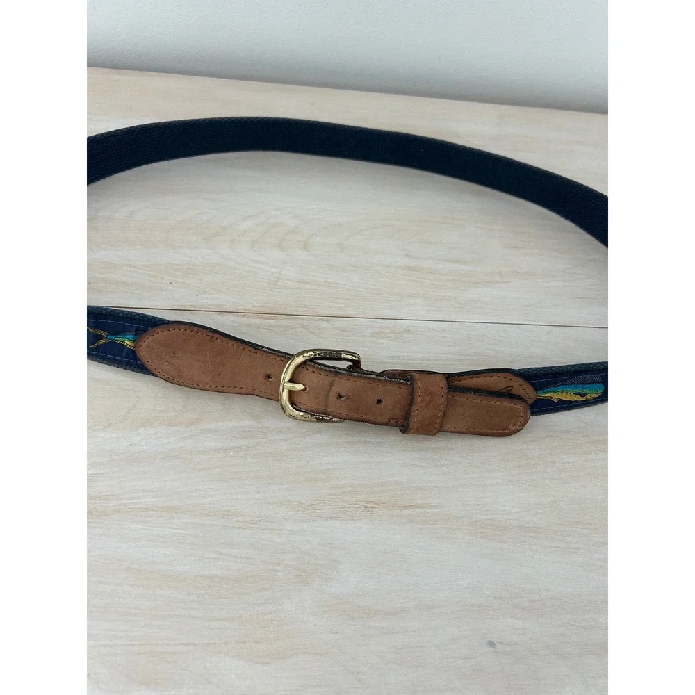 World Wide Sportsman Mens Fish Ribbon Belt Navy Blue Leather Brass Size 38 USA